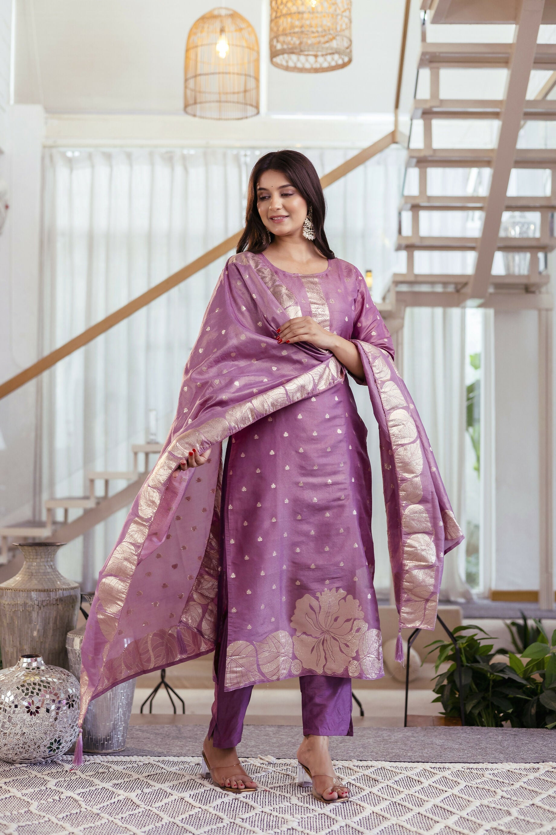 The52 Women's Beautiful Jacquard Butti Work Simmer Jacquard Fabric Straight Kurta Pant and Dupatta Set - Distacart