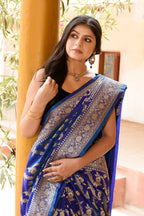 Joban Fashion Ink Blue Banarasi Soft Pure Handloom Banarasi Silk Saree