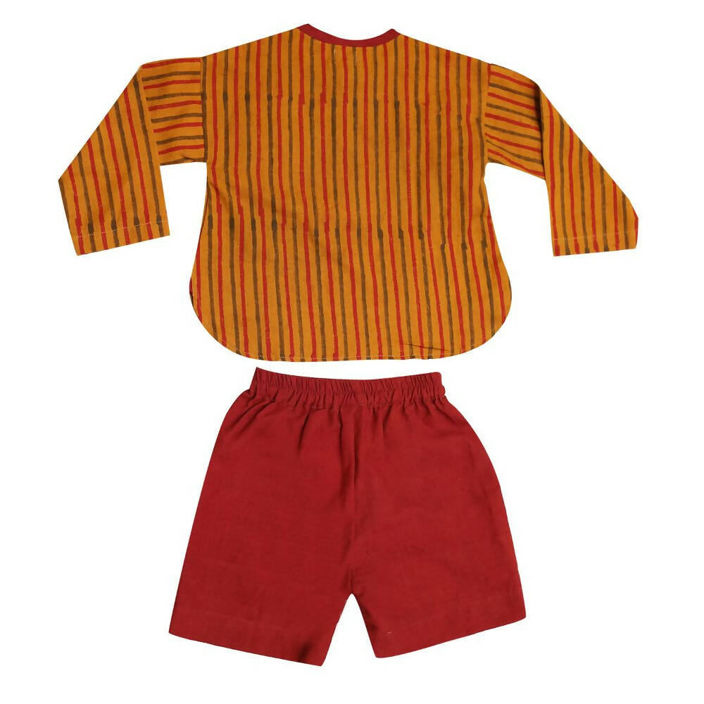 Mhyssa Kong Full sleeve Orange Kurta with Maroon Shorts Set For Kids
