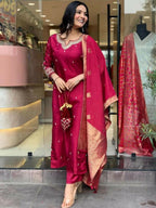The52 Maroon Beautiful Embroidered Viscose Chanderi Fabric Straight Kurta Pant with Dupatta Set - Distacart