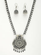NVR Women's Silver-Toned Peacock Design Oxidized Necklace with Jhumka Earrings