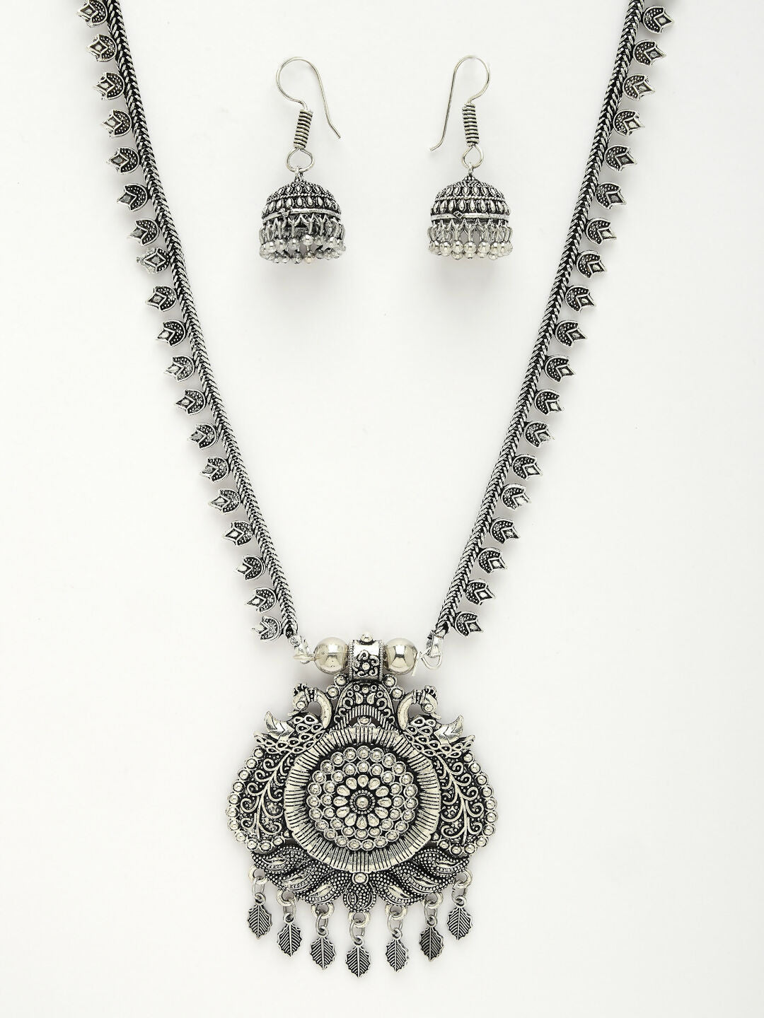 NVR Women's Silver-Toned Peacock Design Oxidized Necklace with Jhumka Earrings