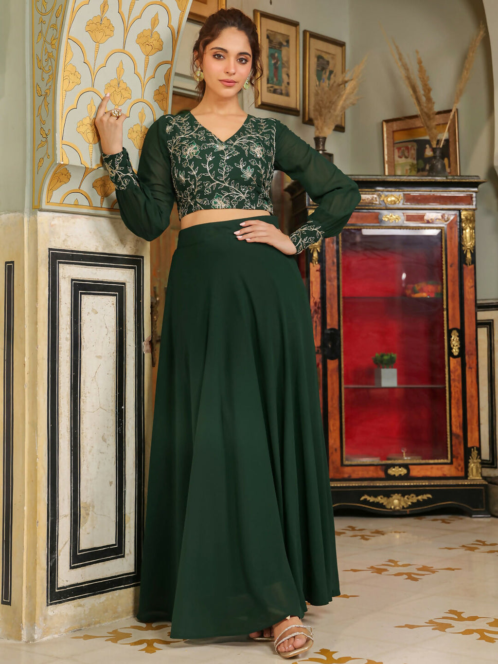 Janasya Dark Green Georgette Embroidered Top & Skirt