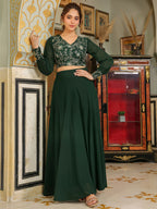 Janasya Dark Green Georgette Embroidered Top & Skirt