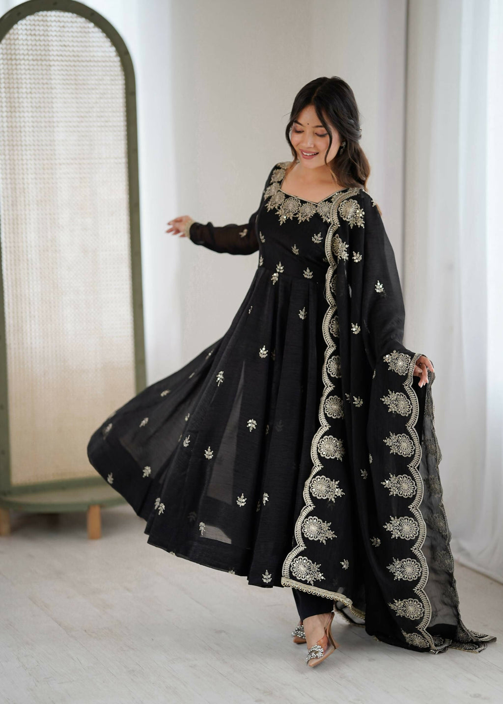 Teeya Creation Black Color Crunchy Silk Embroidery Work Wedding Wear Gown - Distacart