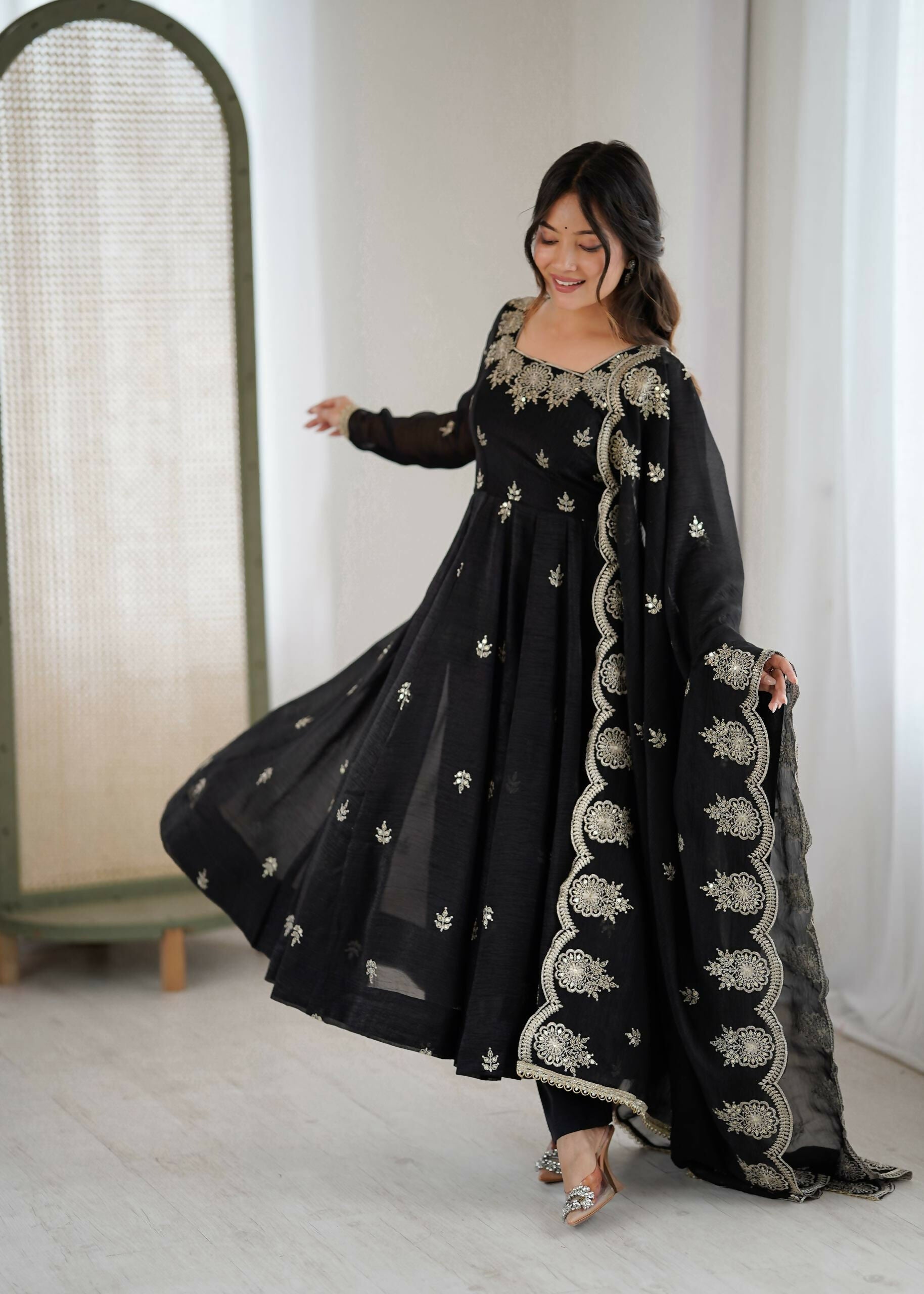 Teeya Creation Black Color Crunchy Silk Embroidery Work Wedding Wear Gown - Distacart
