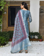 Vaasva Women's Chanderi Printed Suit Set With Pant And Printed Dupatta