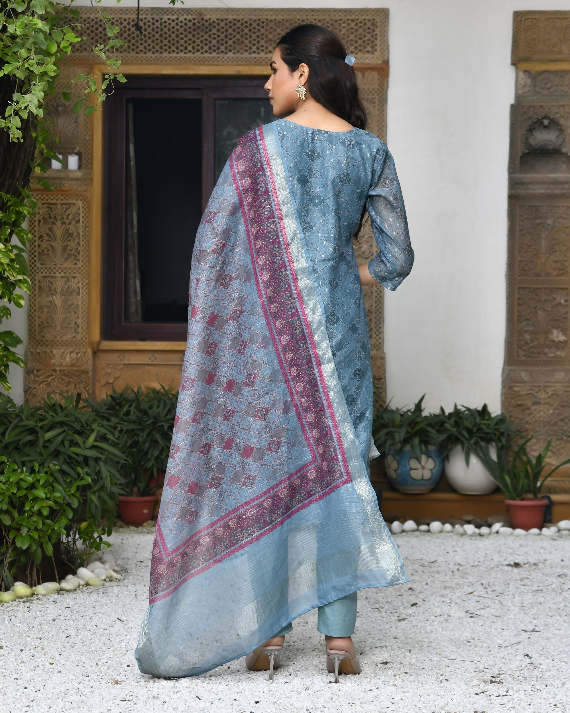 Vaasva Women's Chanderi Printed Suit Set With Pant And Printed Dupatta