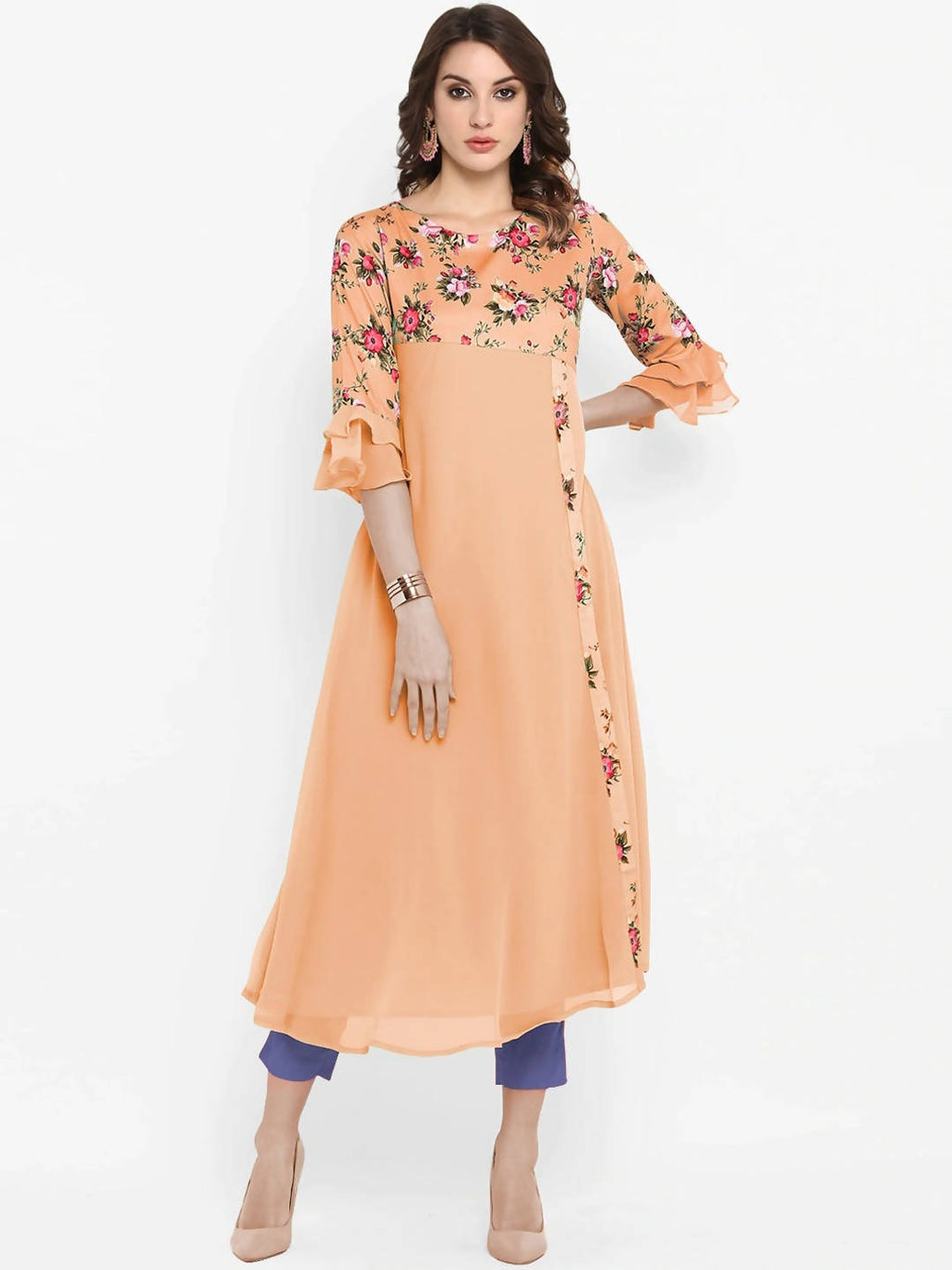 Janasya Peach-Coloured & Green Floral Printed Bell Sleeves Kurta - Distacart