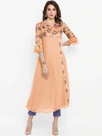 Janasya Peach-Coloured & Green Floral Printed Bell Sleeves Kurta - Distacart