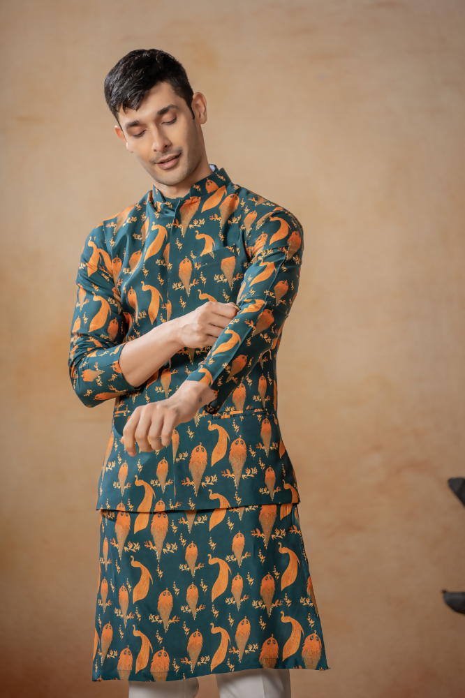 Peacock Oasis Nehru Jacket Set With Orange Hues by Hilo Design