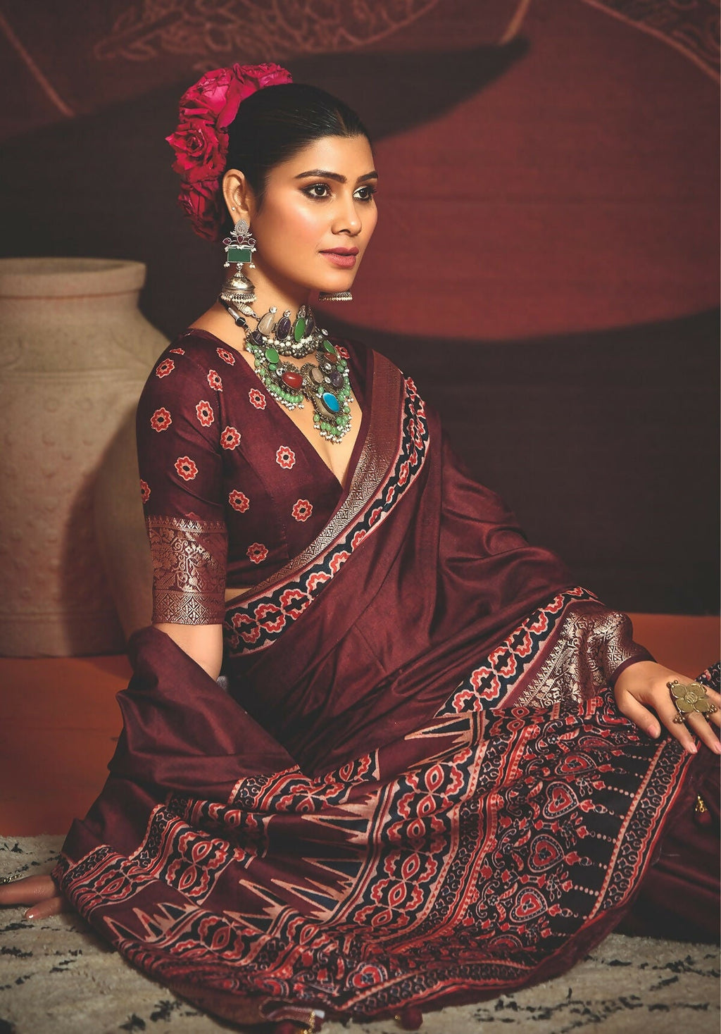 Joban Fashion Maroon Art Silk With Fine Viscose Border Ajrak Full Body Print With Soft Finish Saree - Distacart