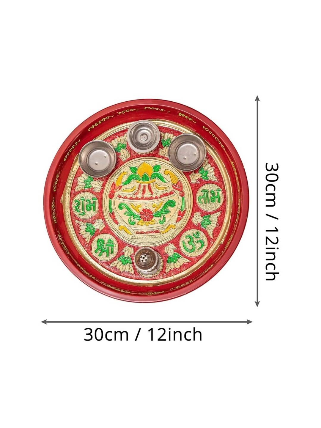 Tied Ribbons Red Printed Pooja Thali With Attached Incense Diya Tilak Holder