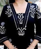 Miravan Women's Cotton Gota Patti Black Floral Printed Straight Kurta Palazzo Set
