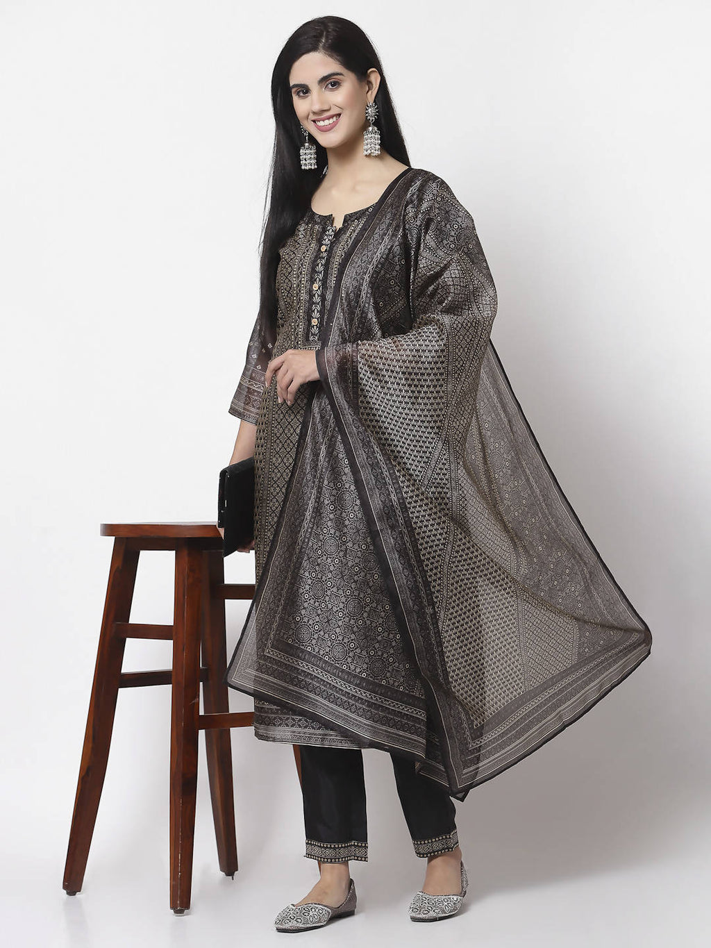 Myshka Black Chanderi Silk Embroidered 3/4 Sleeve Round Neck Kurta Pant Dupatta Set