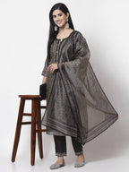 Myshka Black Chanderi Silk Embroidered 3/4 Sleeve Round Neck Kurta Pant Dupatta Set