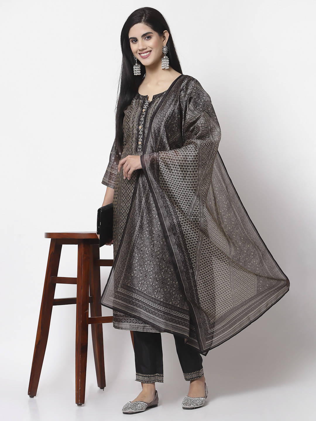 Myshka Black Chanderi Silk Embroidered 3/4 Sleeve Round Neck Kurta Pant Dupatta Set