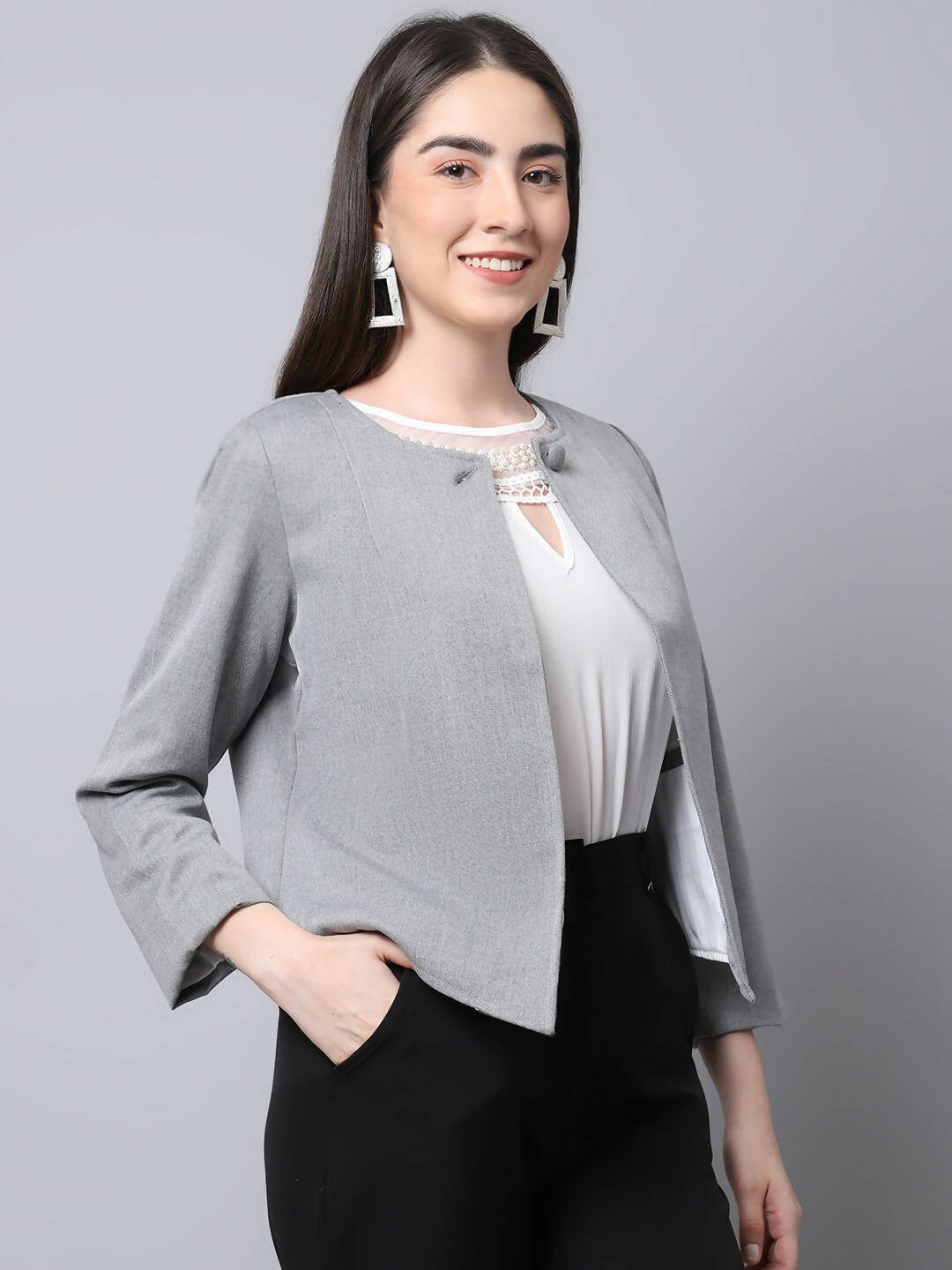 Even Apparels Grey Polywool Open Front Statement Women's Jacket
