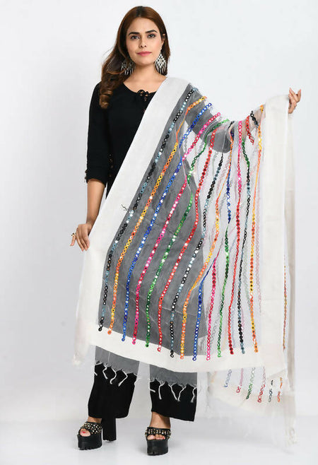 Mominos Fashion Moeza Women's Orgenza Multi Thread Mirror Work White Dupatta