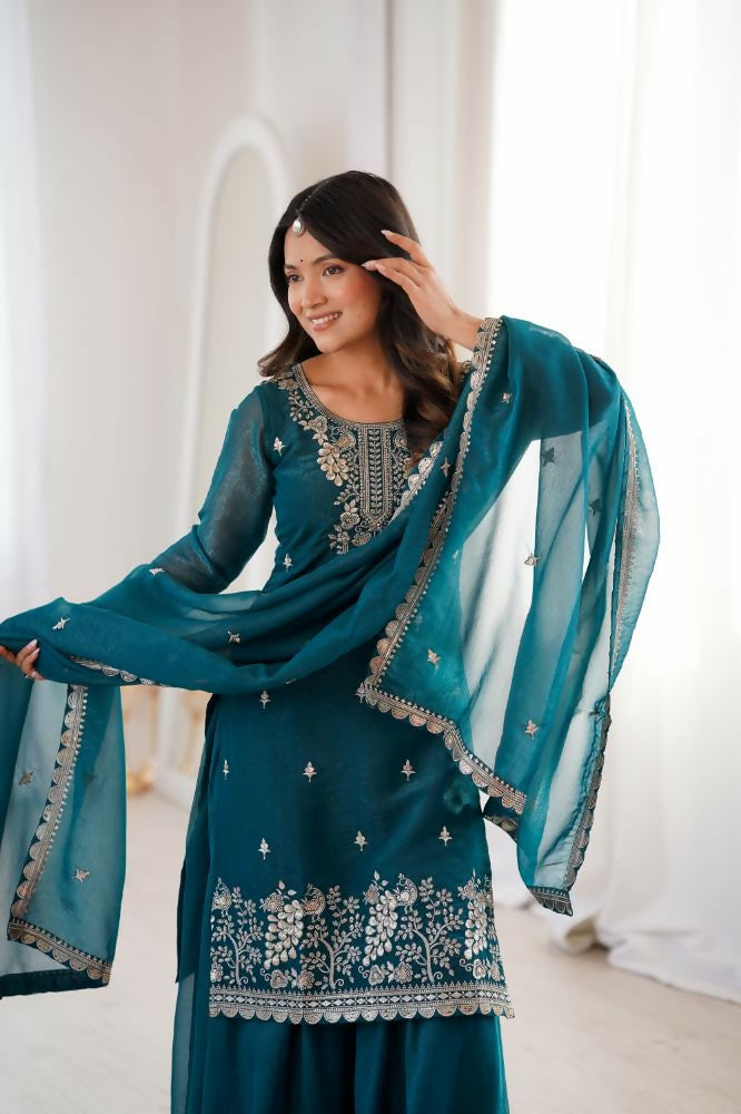Lehenga Mart Designer Sharara Suit With Kurta, Sharara, Dupatta For Women-Teal Blue - Distacart