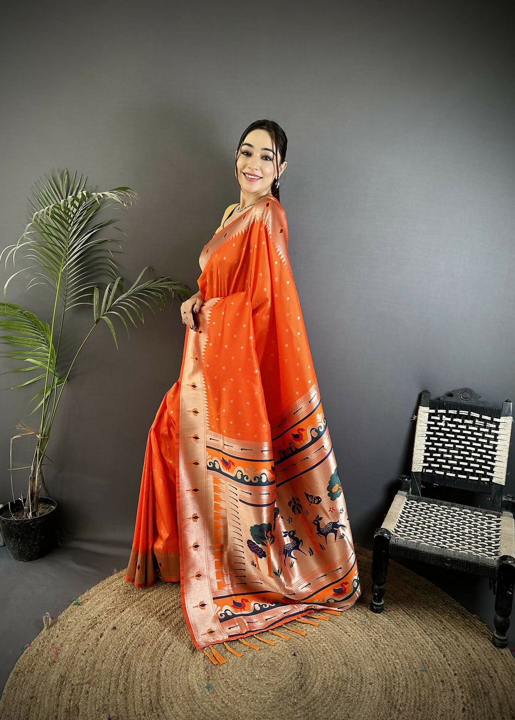 Joban Fashion Orange Peacock & Floral Motifs Soft Lichi Silk Kanchipuram Saree - Distacart