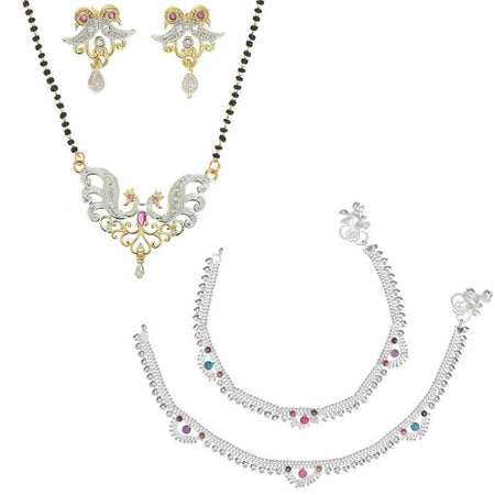 AanyaCentric Gold-Polished Mangalsutra Pendant Earring Set & Silver Plated Anklet
