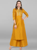 Janasya Mustard Poly Silk Foil Print Set