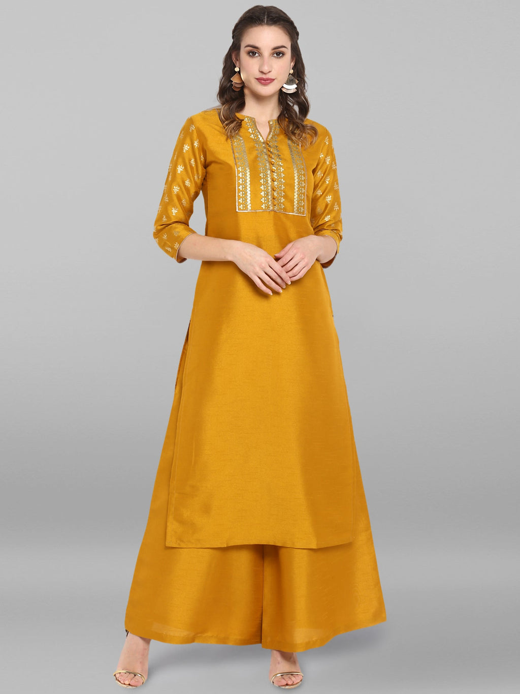 Janasya Mustard Poly Silk Foil Print Set