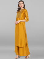 Janasya Mustard Poly Silk Foil Print Set