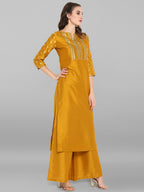 Janasya Mustard Poly Silk Foil Print Set