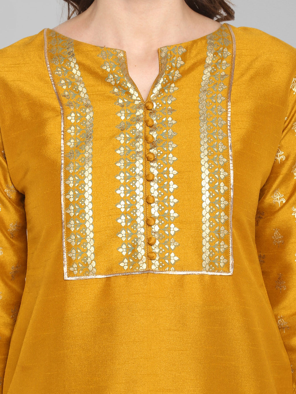 Janasya Mustard Poly Silk Foil Print Set