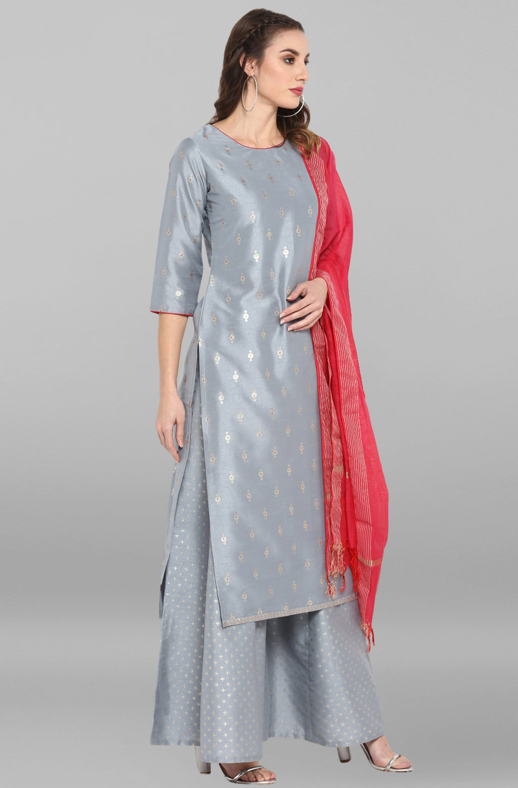 Janasya Women's Grey Poly Silk Foil Print Kurta With Palazzo And Dupatta - Distacart