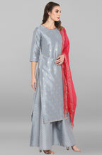 Janasya Women's Grey Poly Silk Foil Print Kurta With Palazzo And Dupatta - Distacart