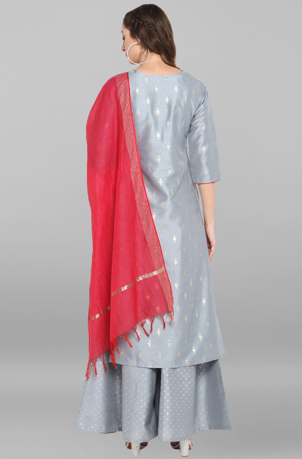 Janasya Women's Grey Poly Silk Foil Print Kurta With Palazzo And Dupatta - Distacart