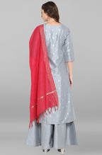 Janasya Women's Grey Poly Silk Foil Print Kurta With Palazzo And Dupatta - Distacart