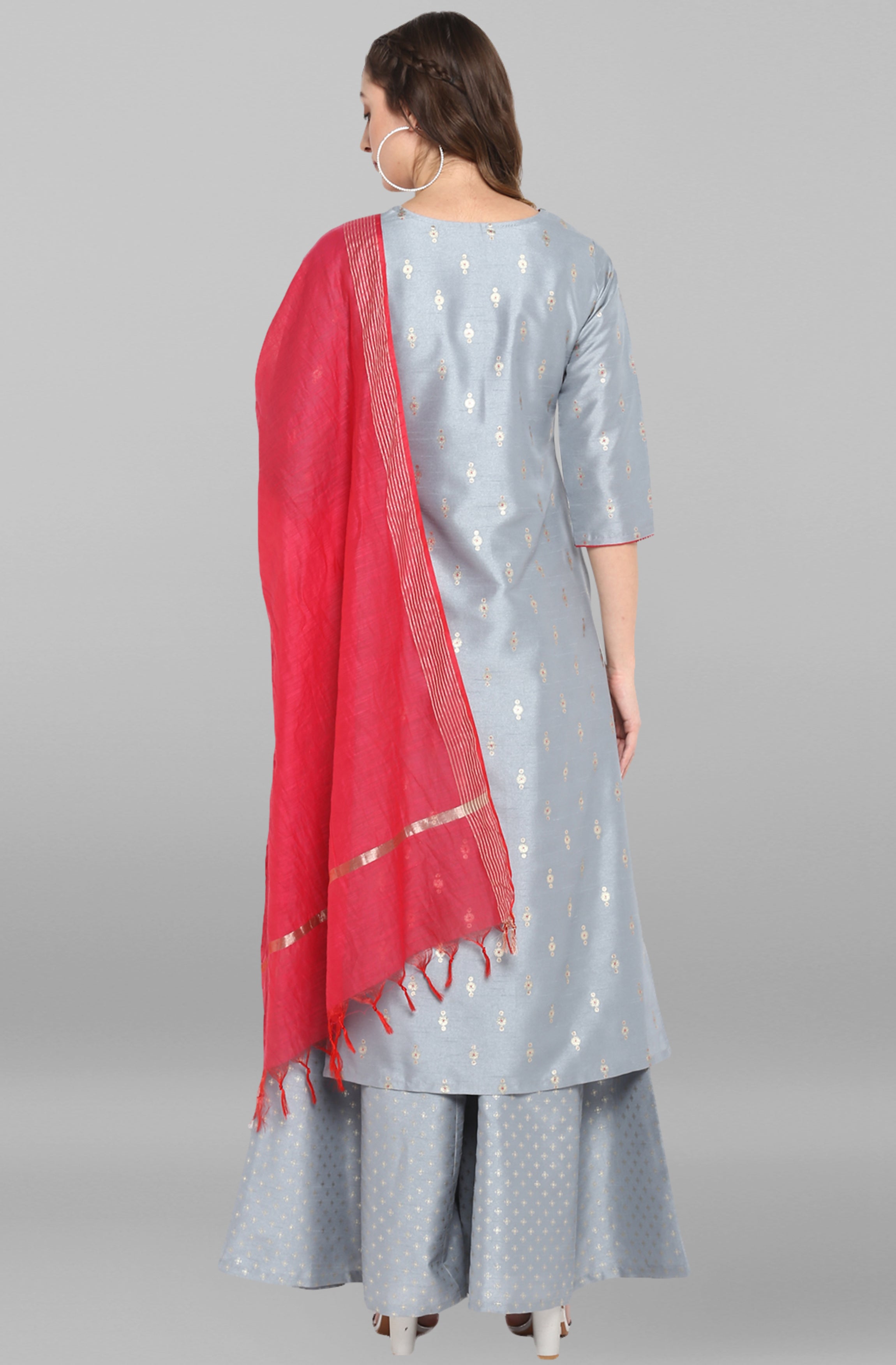Janasya Women's Grey Poly Silk Foil Print Kurta With Palazzo And Dupatta - Distacart