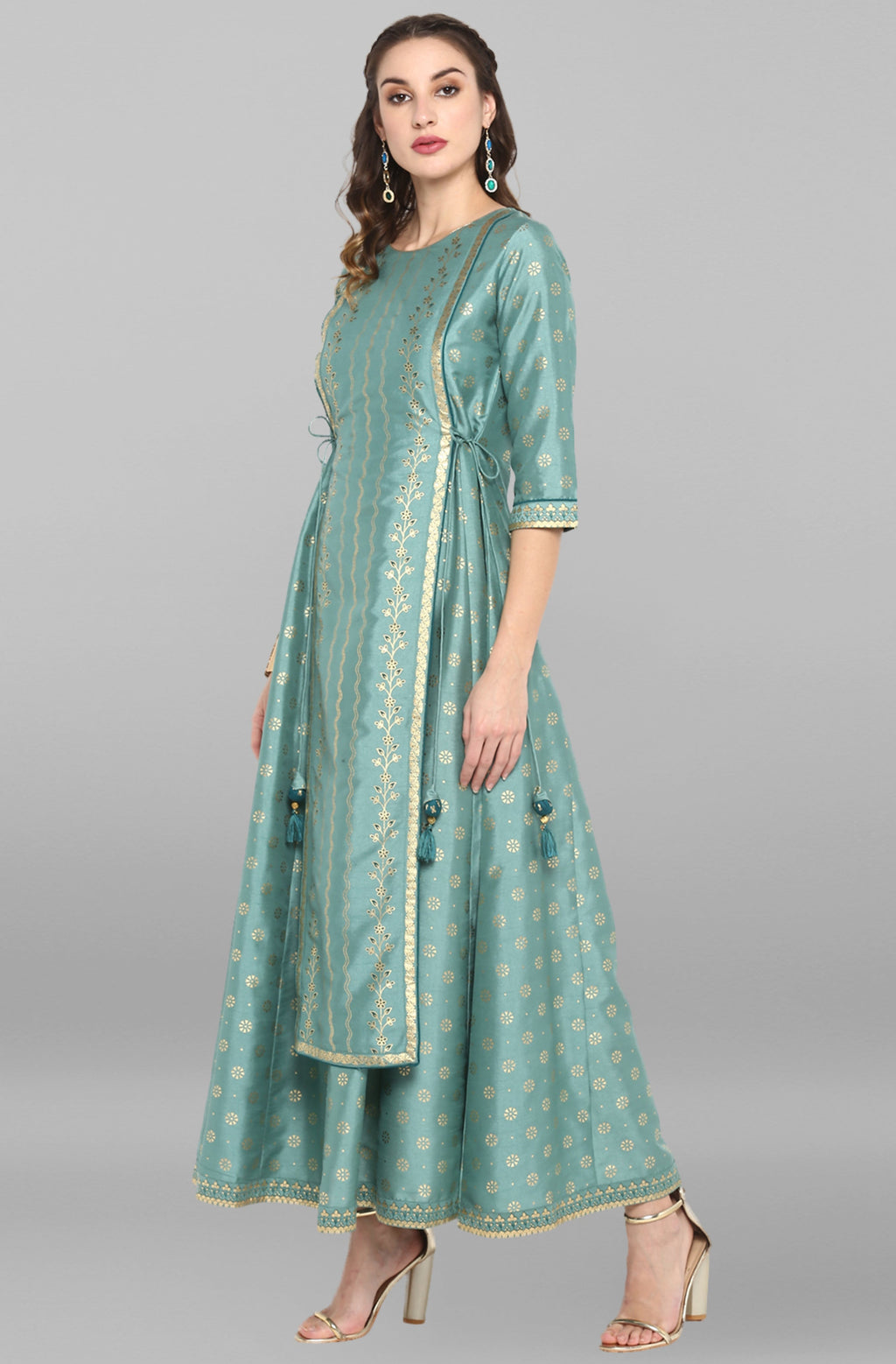Janasya Green Rayon Crepe Foil Print Flared Ethnic Dress - Distacart