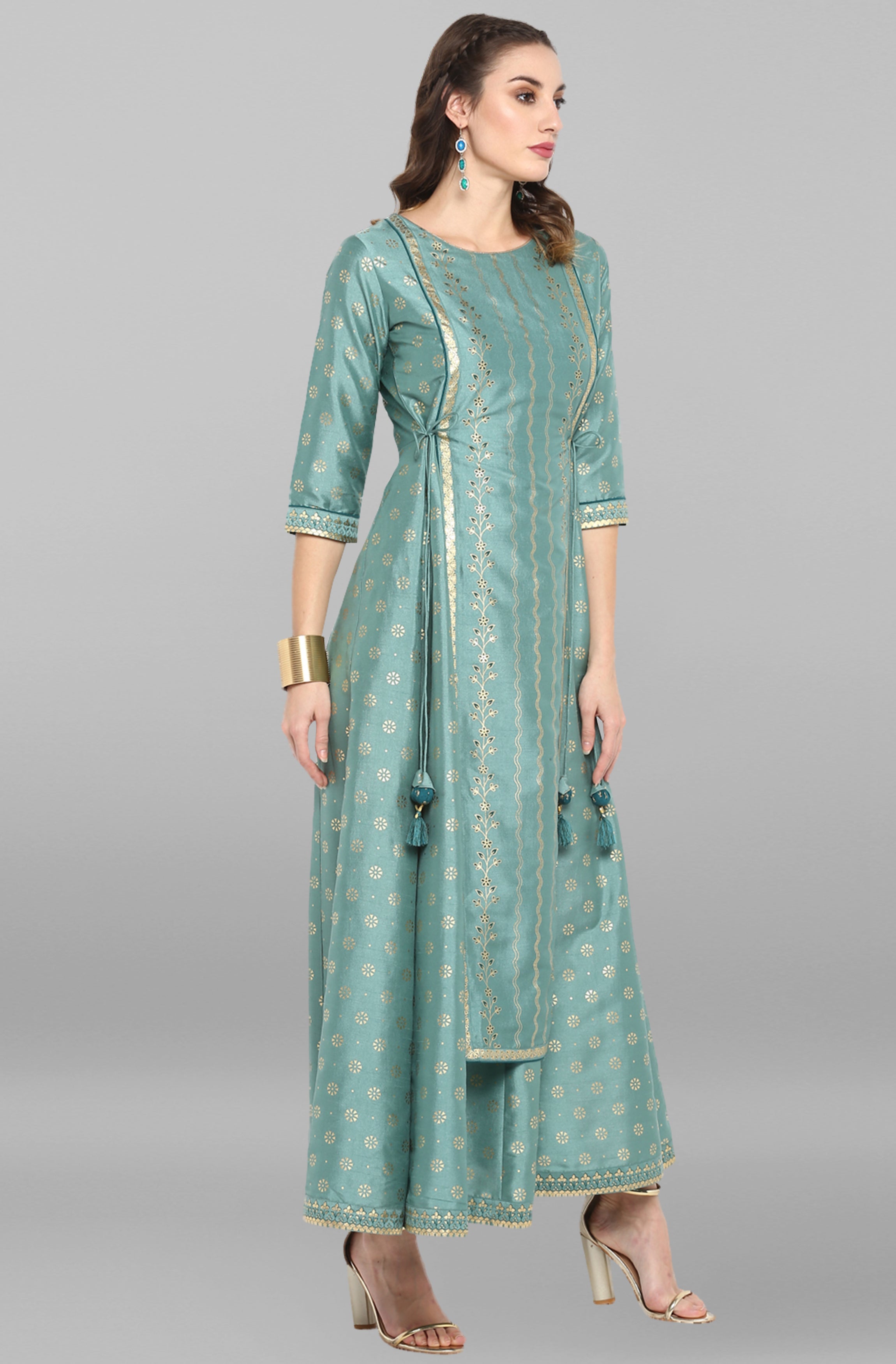 Janasya Green Rayon Crepe Foil Print Flared Ethnic Dress - Distacart