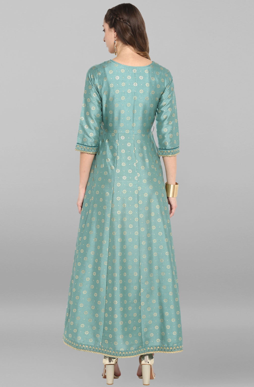 Janasya Green Rayon Crepe Foil Print Flared Ethnic Dress - Distacart