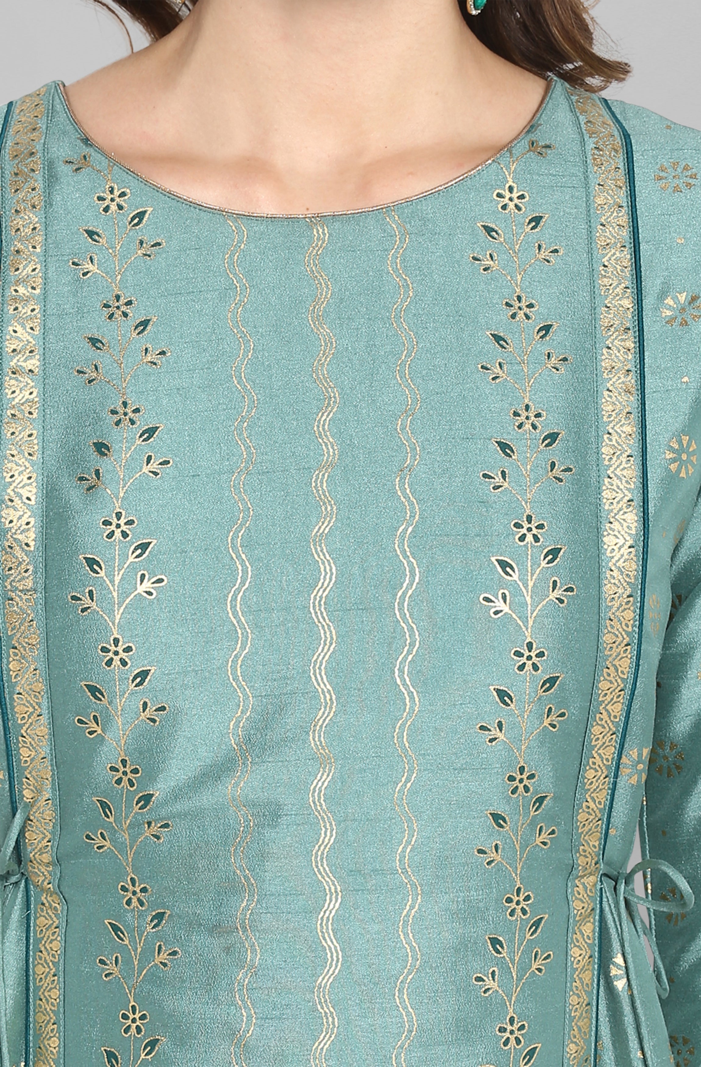 Janasya Green Rayon Crepe Foil Print Flared Ethnic Dress - Distacart