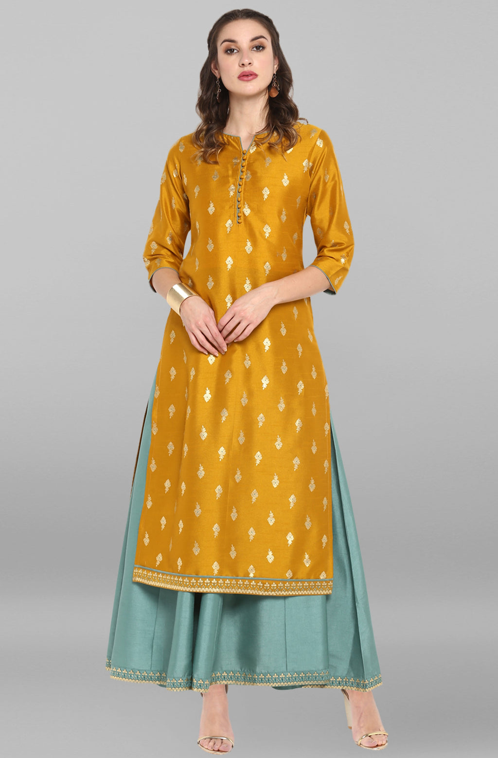 Janasya Light Green Poly Silk Gold Print Anarkali Ethnic Dress - Distacart