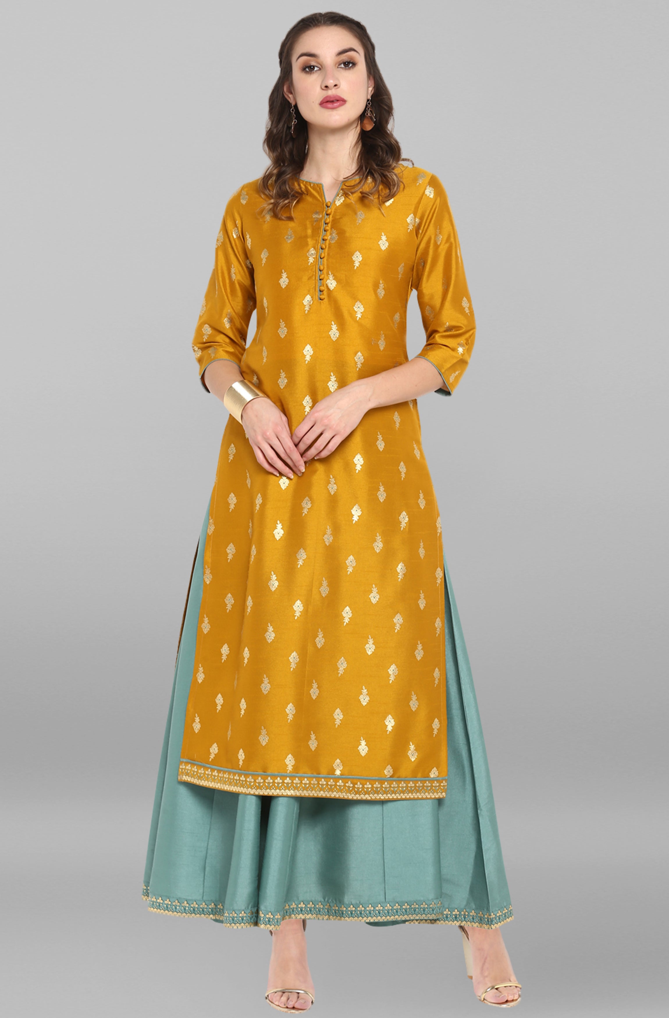 Janasya Light Green Poly Silk Gold Print Anarkali Ethnic Dress - Distacart