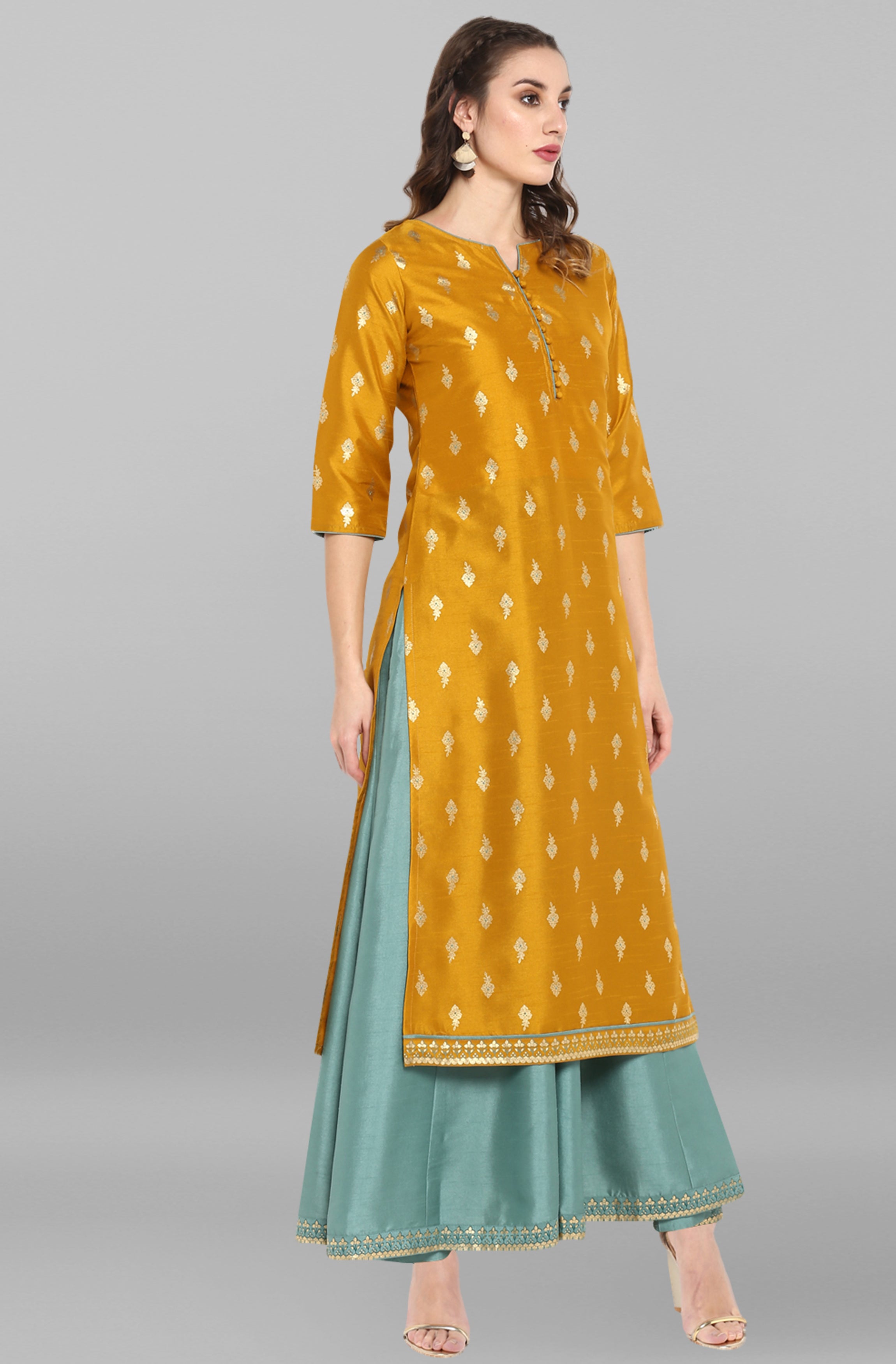 Janasya Light Green Poly Silk Gold Print Anarkali Ethnic Dress - Distacart