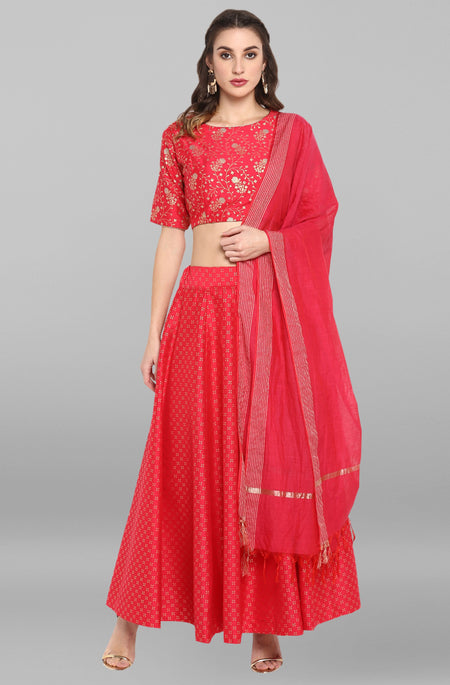 Janasya Women's Pink Poly Silk Gold Print Lehenga Choli With Dupatta
