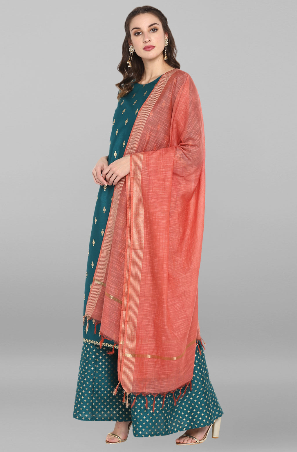 Janasya Women's Peacock Green Poly Silk Gold Print Kurta With Palazzo And Dupatta - Distacart