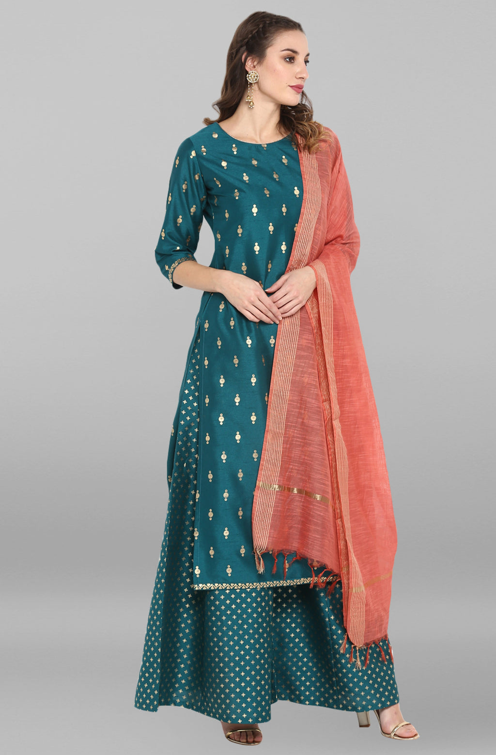 Janasya Women's Peacock Green Poly Silk Gold Print Kurta With Palazzo And Dupatta - Distacart