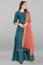 Janasya Women's Peacock Green Poly Silk Gold Print Kurta With Palazzo And Dupatta - Distacart
