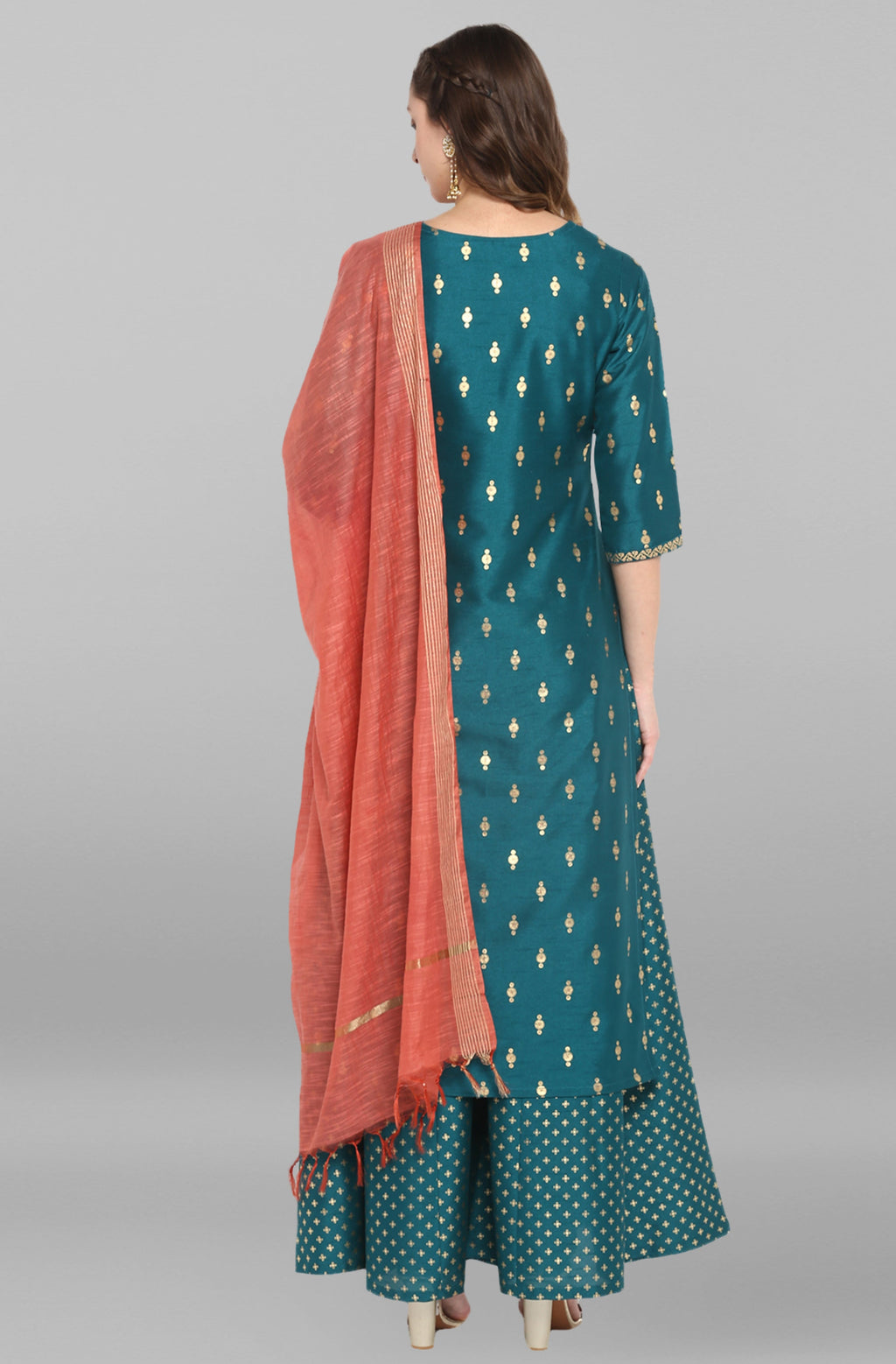 Janasya Women's Peacock Green Poly Silk Gold Print Kurta With Palazzo And Dupatta - Distacart