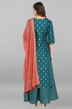 Janasya Women's Peacock Green Poly Silk Gold Print Kurta With Palazzo And Dupatta - Distacart