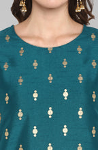 Janasya Women's Peacock Green Poly Silk Gold Print Kurta With Palazzo And Dupatta - Distacart